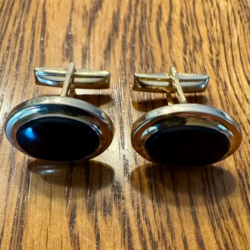 Vintage Sarah Coventry Gold Mens Cufflinks Faux Black Onyx Mid Century